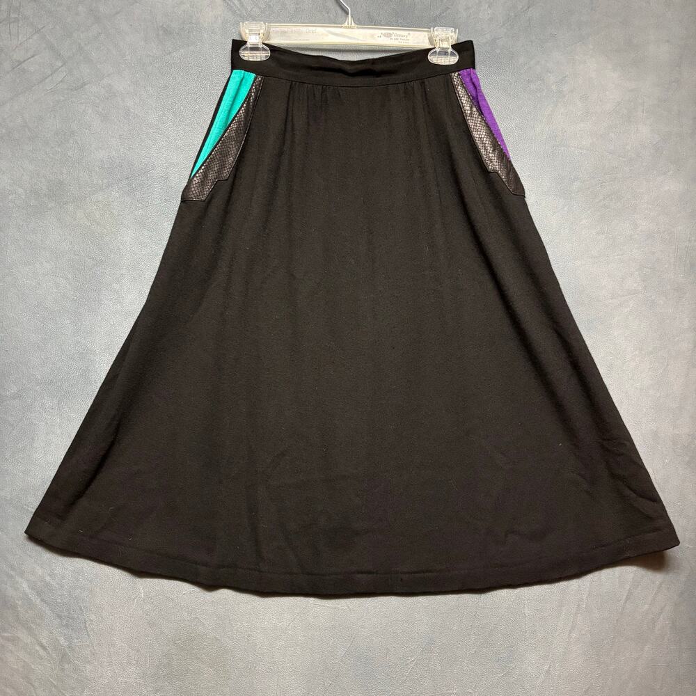 Vintage Giavanni Biagiotti Wool Skirt Leather Trim Y2K 80s Midi Witchy SZ 10